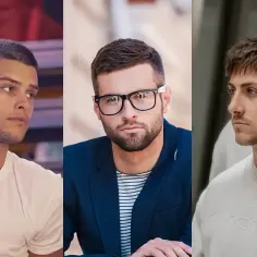 Trzech mężczyzn z krótkimi fryzurami: buzz cut, klasyczne cięcie z okularami, undercut.